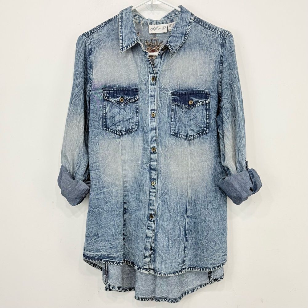 Lola P Embroidered Floral Sparkle Blue Factory Faded Cotton Peplum Tunic Blouse - Picture 9 of 13